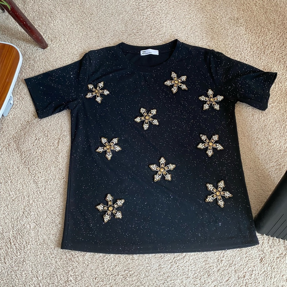 NWOT - Black T-Shirt with Gold Embellishments - US S